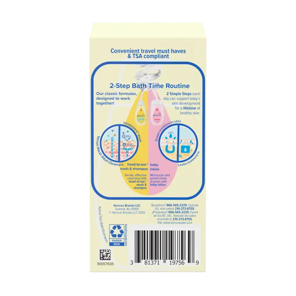 Back of Johnson's Baby travel pack detailing the 2-step bath time routine for gentle skin care.