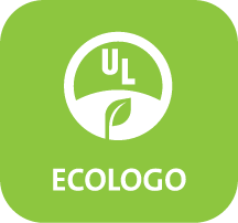 UL ECOLOGO certification logo, which consists of a white circular emblem with the letters "UL" at the top and a green leaf at the bottom, all set against a green background. This certification indicates a product certified by reducing environmental impact.