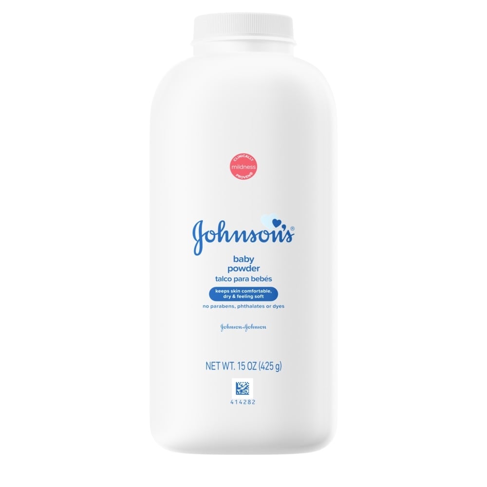 Johnson's Baby Powder bottle, 15 oz, labeled for gentle and mildness, with no parabens, phthalates, or dyes.