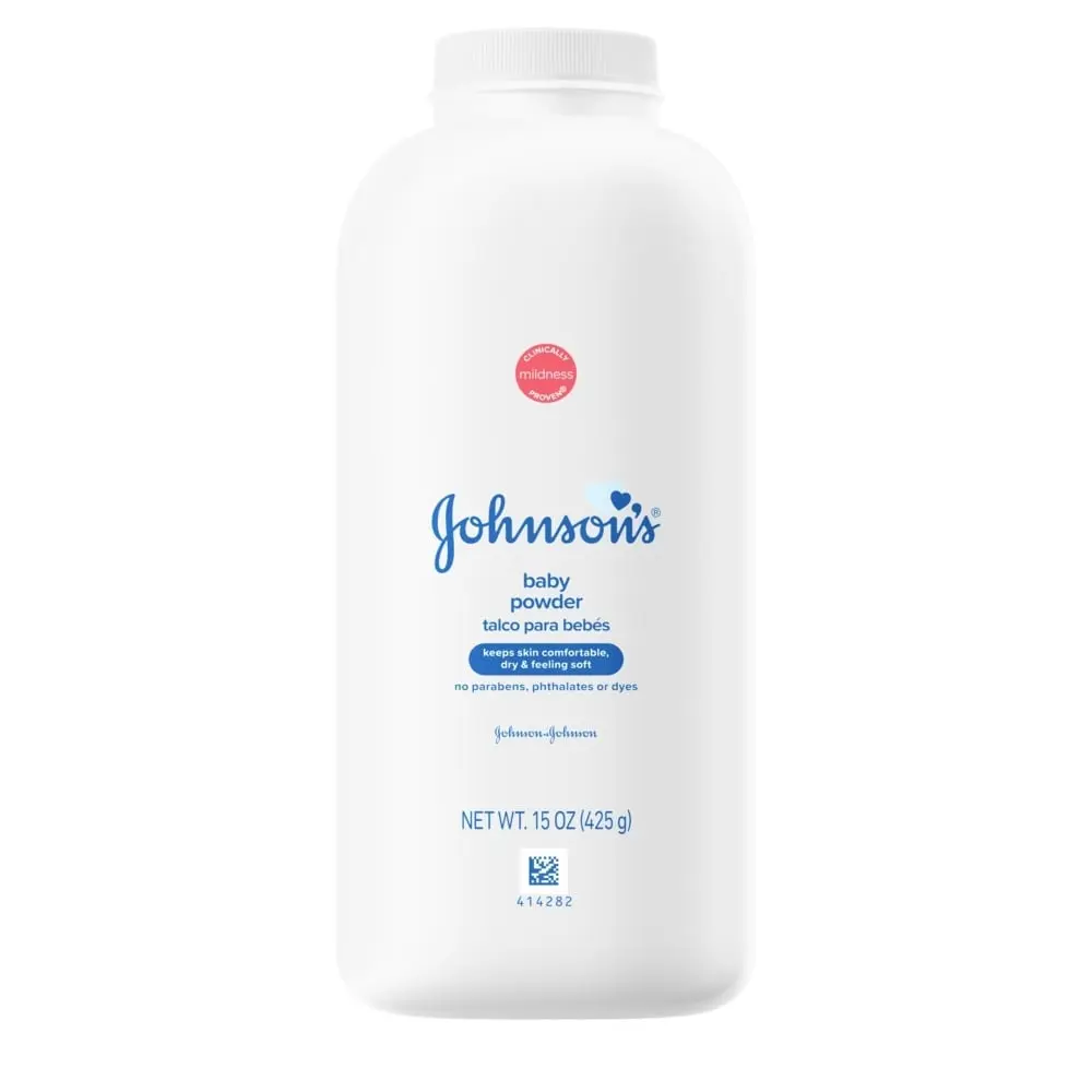 Johnson's Baby Powder bottle, 15 oz, labeled for gentle and mildness, with no parabens, phthalates, or dyes.