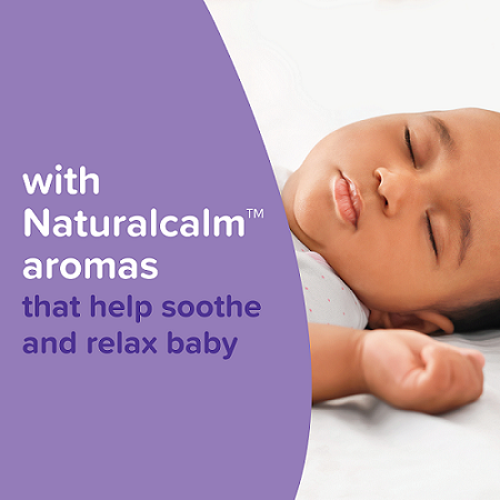 Sleeping baby with text promoting Naturalcalm aromas that help soothe and relax baby.