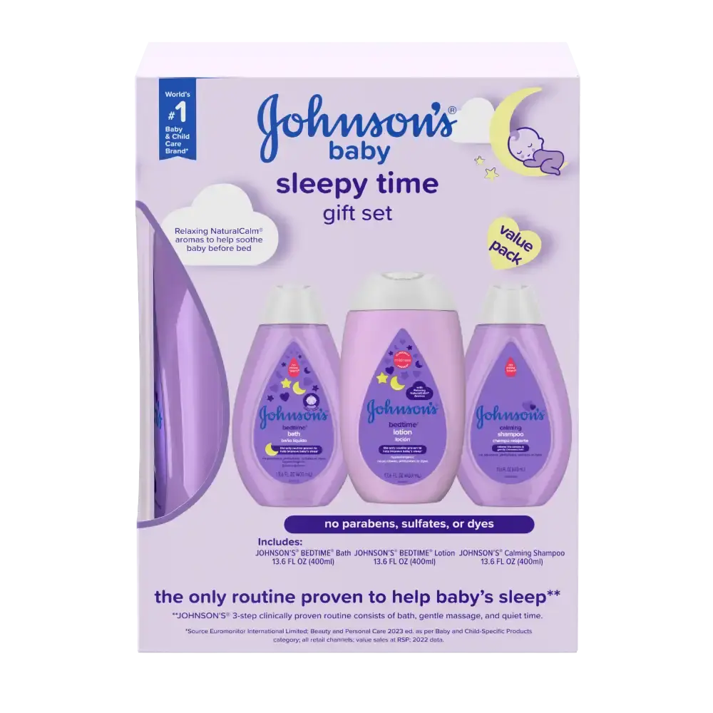 Johnson's baby sleepy time gift set (new look): A 3-step routine (bath, lotion, shampoo) in a convenient caddy. Clinically proven to help baby sleep and formulated without parabens, sulfates, or dyes.