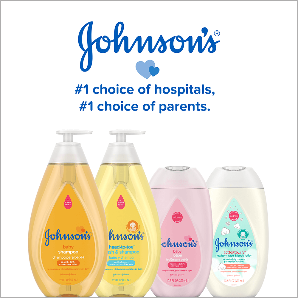 Four Johnson's baby products including baby shampoo, head-to-toe wash, baby lotion, and cotton touch newborn face and body lotion, labeled as first choice of hospitals and parents.