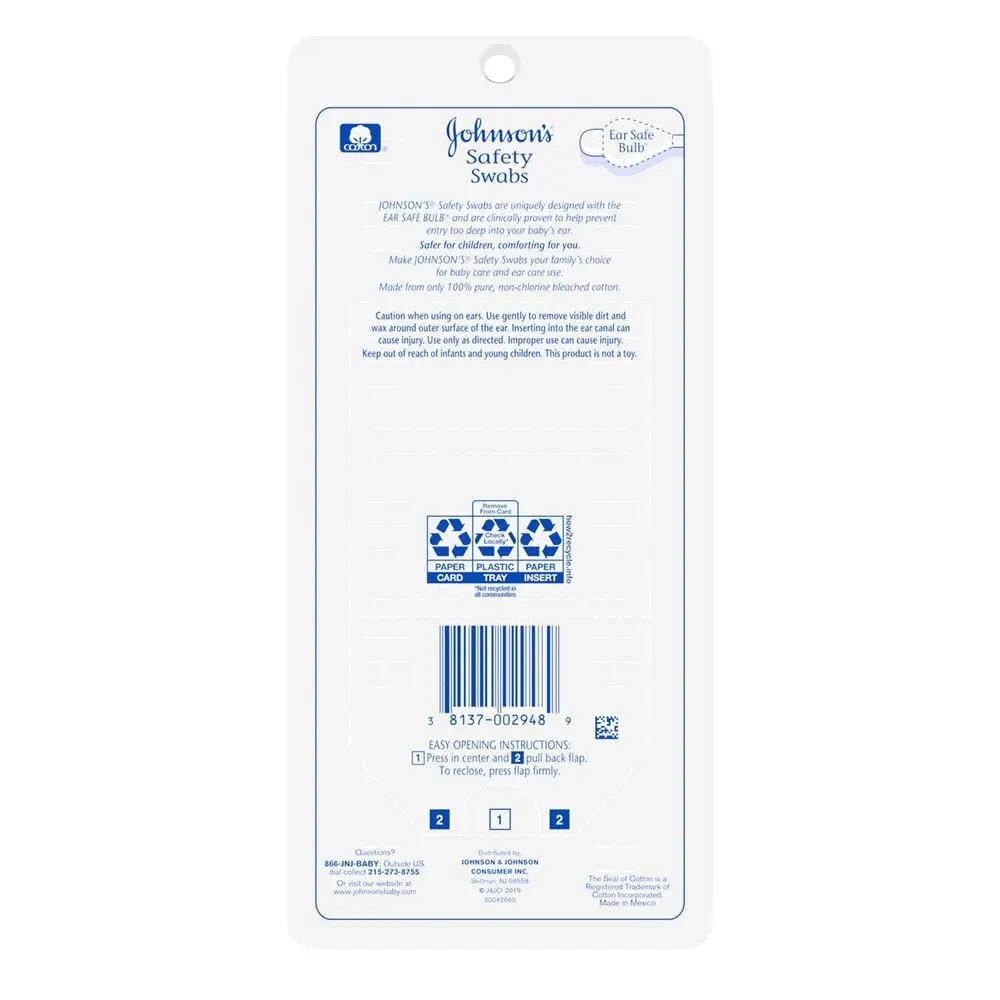 Back side of Johnson's Safety Swabs package with usage instructions, product description, recycling symbols, and barcode.