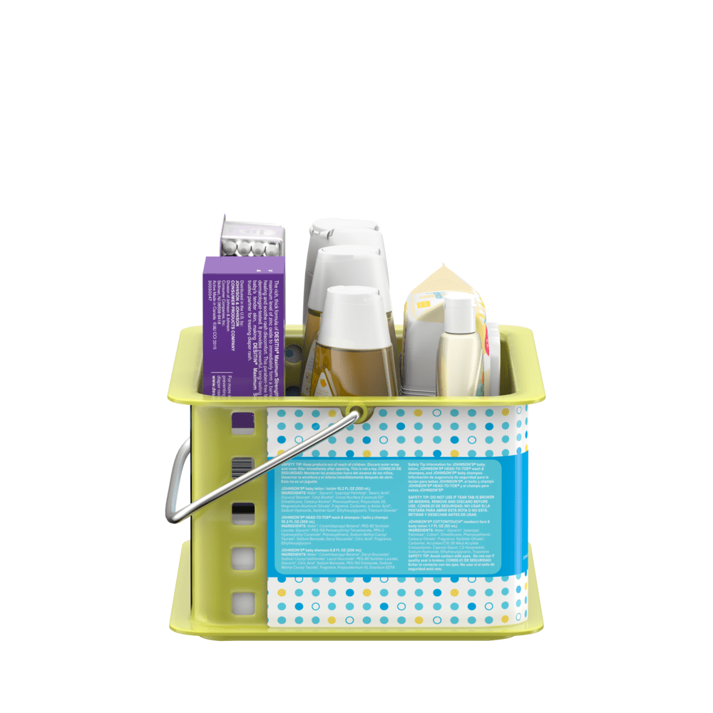 Green basket containing various baby care products, including bottles and boxes, with blue and white polka dot label.