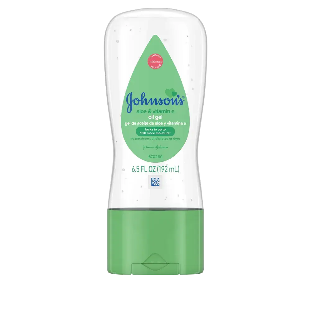 A clear bottle filled with green-tinted gel stands upright. The label reads "Johnsons, Baby Oil Gel with Aloe Vera & Vitamin E, 6.5 FL OZ (192 mL)" and features a green cap.
