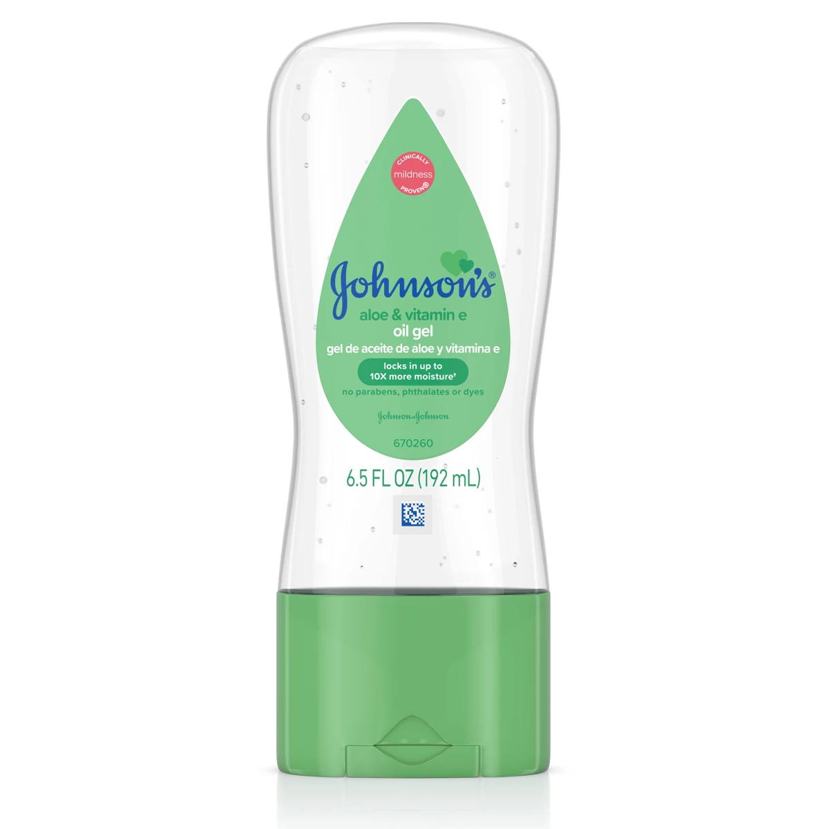 A clear bottle filled with green-tinted gel stands upright. The label reads "Johnsons, Baby Oil Gel with Aloe Vera & Vitamin E, 6.5 FL OZ (192 mL)" and features a green cap.