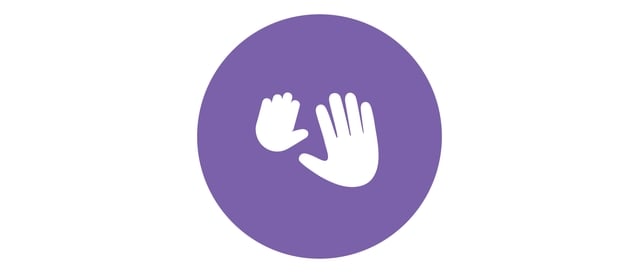 A small and large white hand icon face each other within a purple circle.