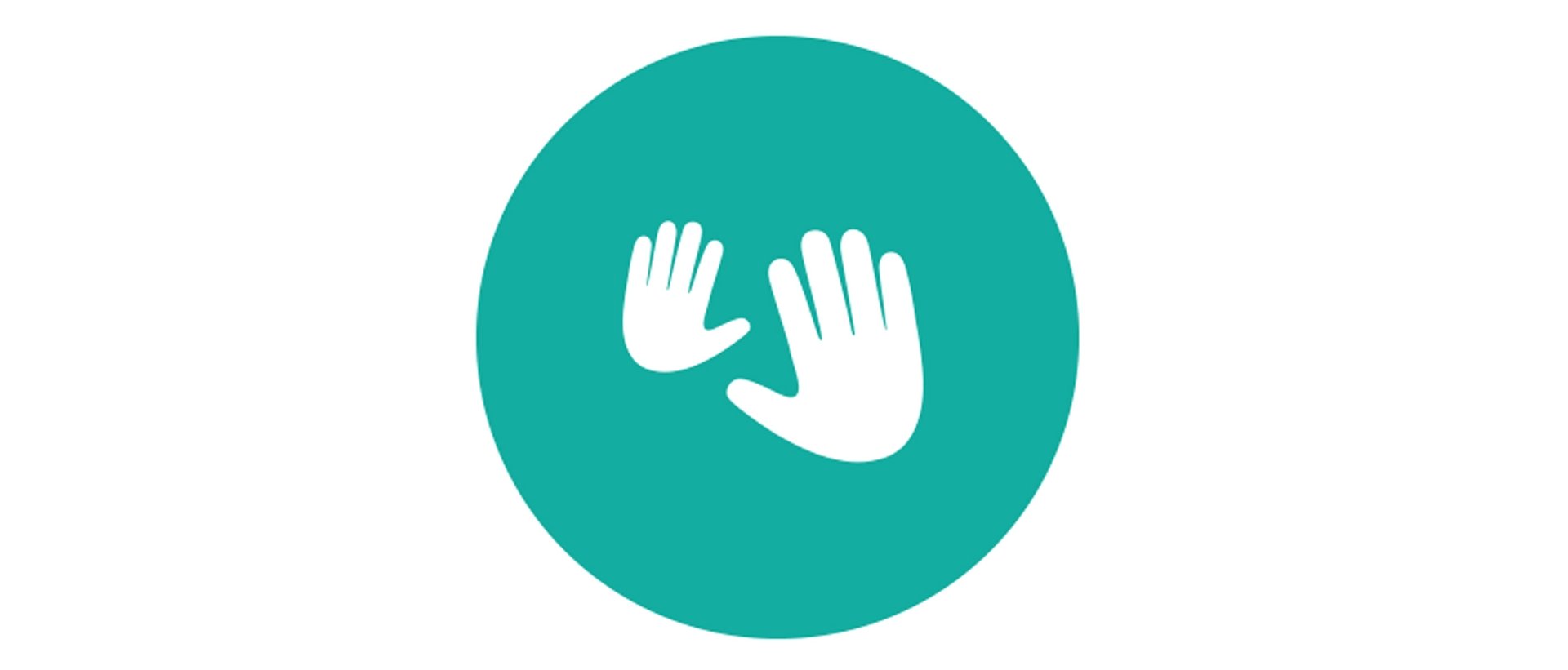 Two white hands, one smaller and one larger, are displayed within a teal circle. The hands appear to be held up, as in a wave or a high-five.