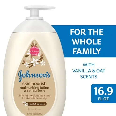 A pump bottle contains Johnson's skin nourish moisturizing lotion with vanilla and oat scents, suitable for the whole family. The text reads: "FOR THE WHOLE FAMILY, WITH VANILLA & OAT SCENTS, 16.9 FL OZ."