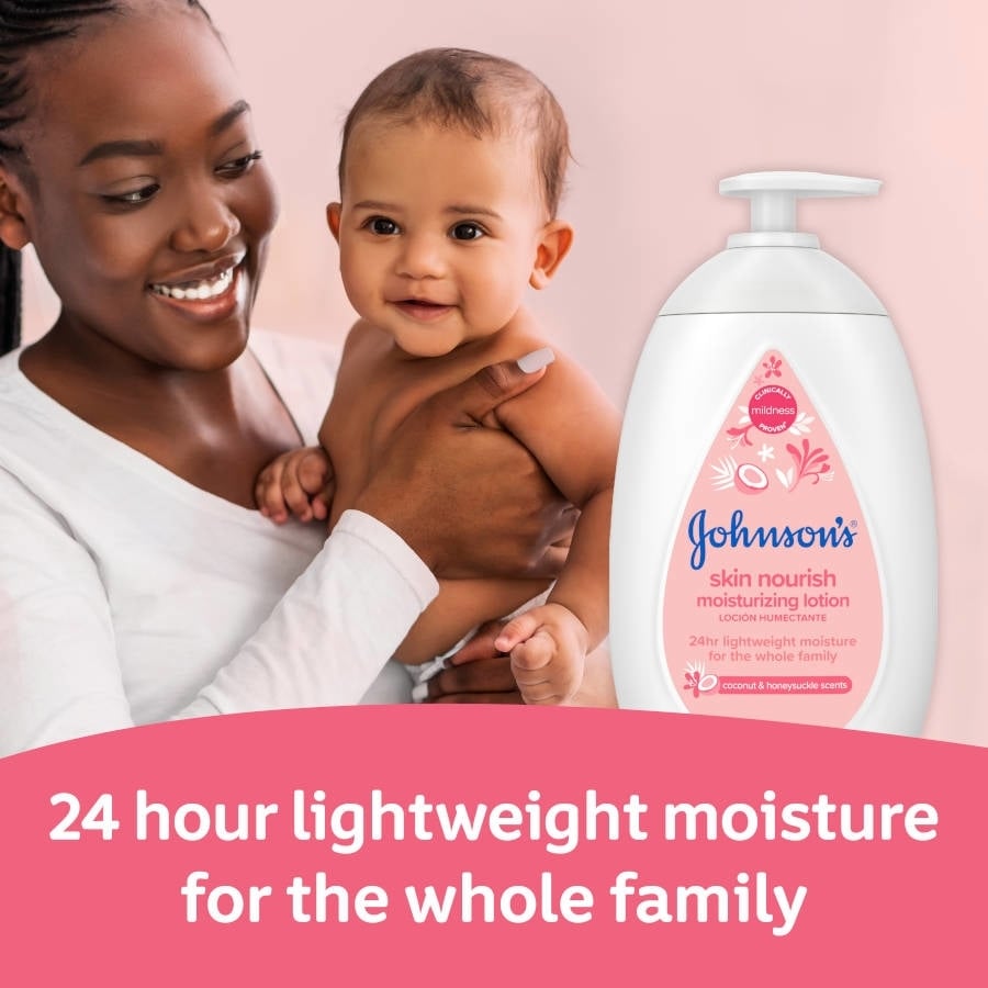 A smiling woman holds a happy baby in her arms. Beside them is a bottle of Johnson’s Skin Nourish Moisturizing Lotion. Text: "24 hour lightweight moisture for the whole family".