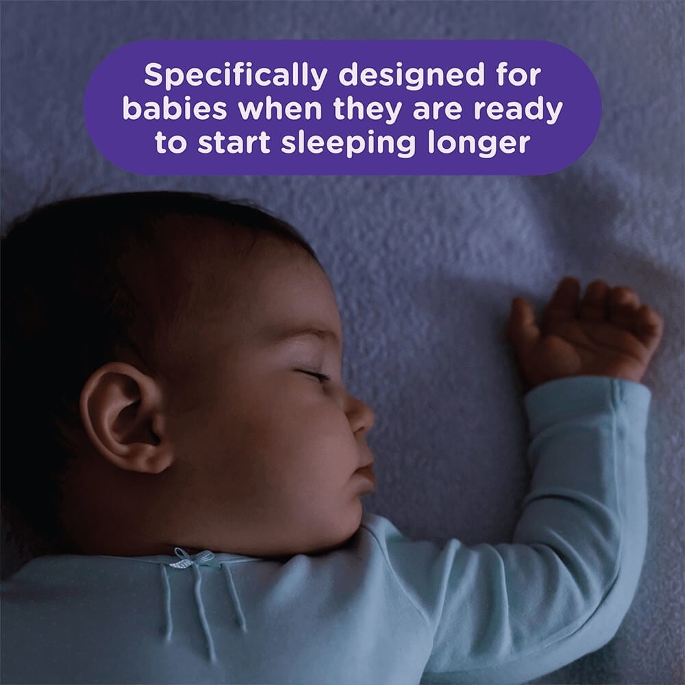 A calming, relaxed sleeping baby with the text: "Specifically designed for babies when they are ready to start sleeping longer" above.