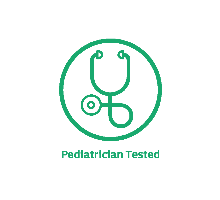 Green stethoscope icon within a circle with the text Pediatrician Tested underneath, representing pediatric endorsement.