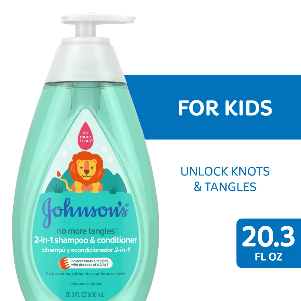 Johnson's no more tangles 2-in-1 shampoo & conditioner bottle, 20.3 fl oz (600 ml), for kids, with a lion illustration on the label, labeled for unlocking knots and tangles.