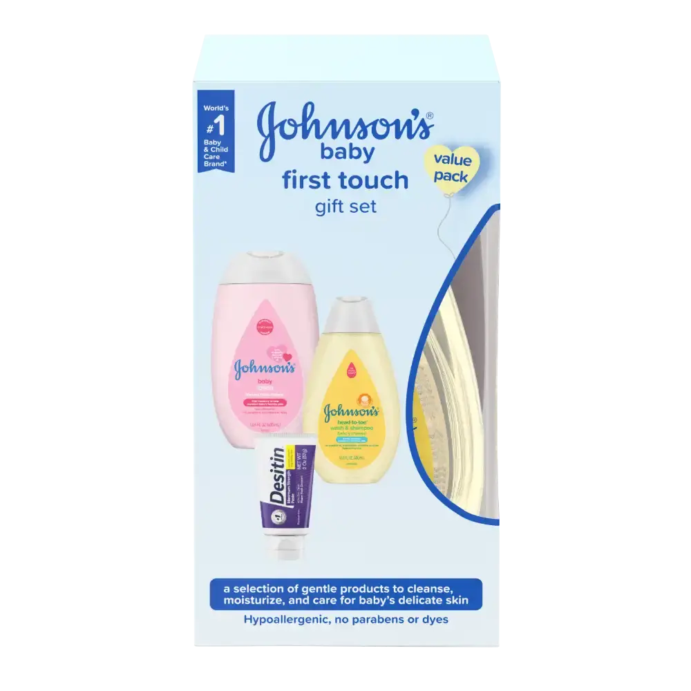 Behold the Johnson's baby first touch gift set, all dressed up in its new look. Inside, you'll find Johnson's head-to-toe wash & shampoo, Johnson's baby lotion, and Desitin Maximum Strength Zinc Oxide Diaper Rash Cream, all arranged in a reusable caddy