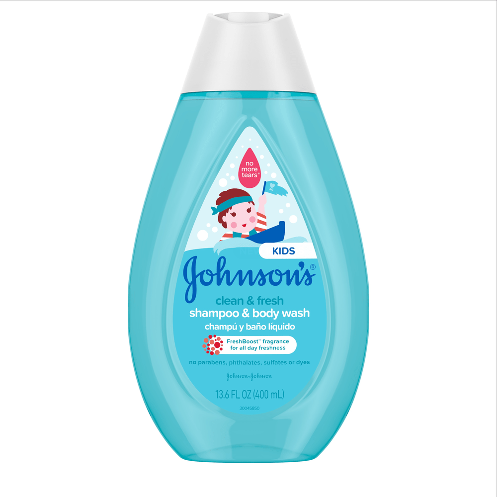 Johnson's Baby Kids Clean & Fresh Shampoo & Body Wash bottle, 13.6 fl oz, with no parabens, phthalates, or sulfates, featuring a cartoon character and FreshBoost fragrance.