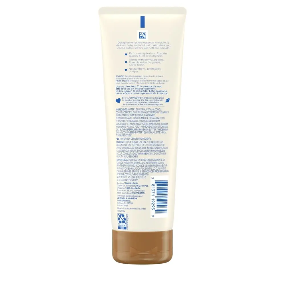 Back label of Johnson’s Shea & Cocoa Butter Creamy Baby Oil tube with ingredients, product description, and usage instructions.