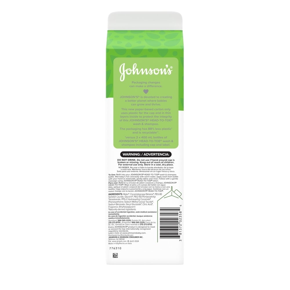 A white box with a green top and the Johnson's logo, providing information about new eco-friendly packaging, safety warnings, and ingredients in black text. "Johnson's" and "Packaging changes can make a difference."