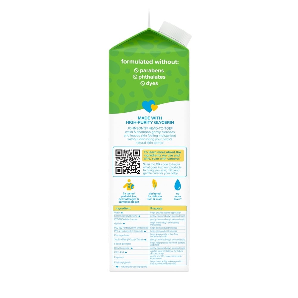 A green and white carton of baby wash and shampoo lists ingredients, QR code for details. Claims: no parabens, phthalates, dyes. Made with high-purity glycerin, safe for babies' sensitive skin.