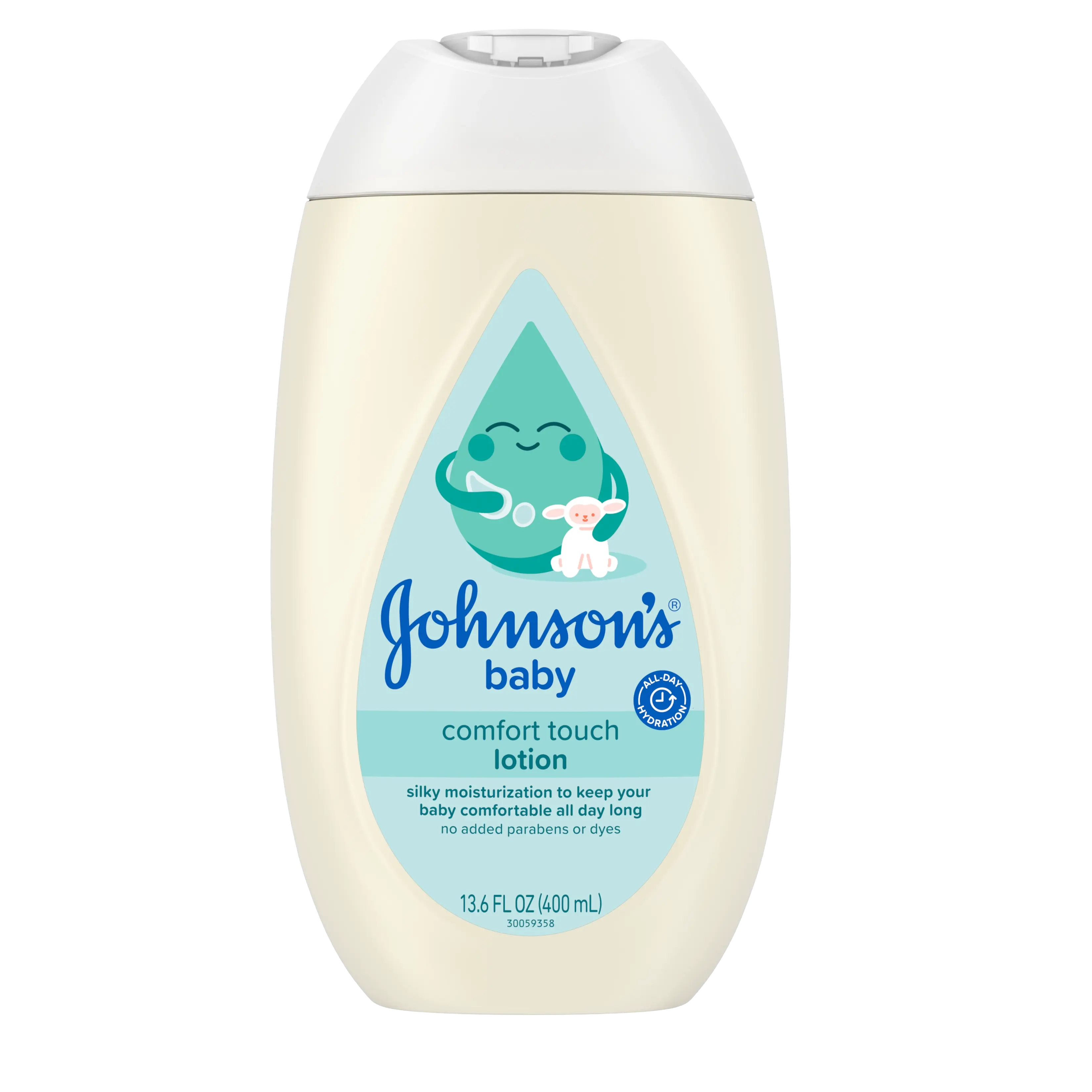 Front pack shot of Johnson's® Baby Comfort Touch Newborn Baby Face & Body Lotion 13.6oz