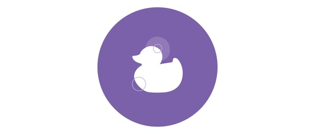 A white silhouette of a rubber duck is centered inside a purple circle. The duck is static, without any other action, and two faint circles overlay its head and body.