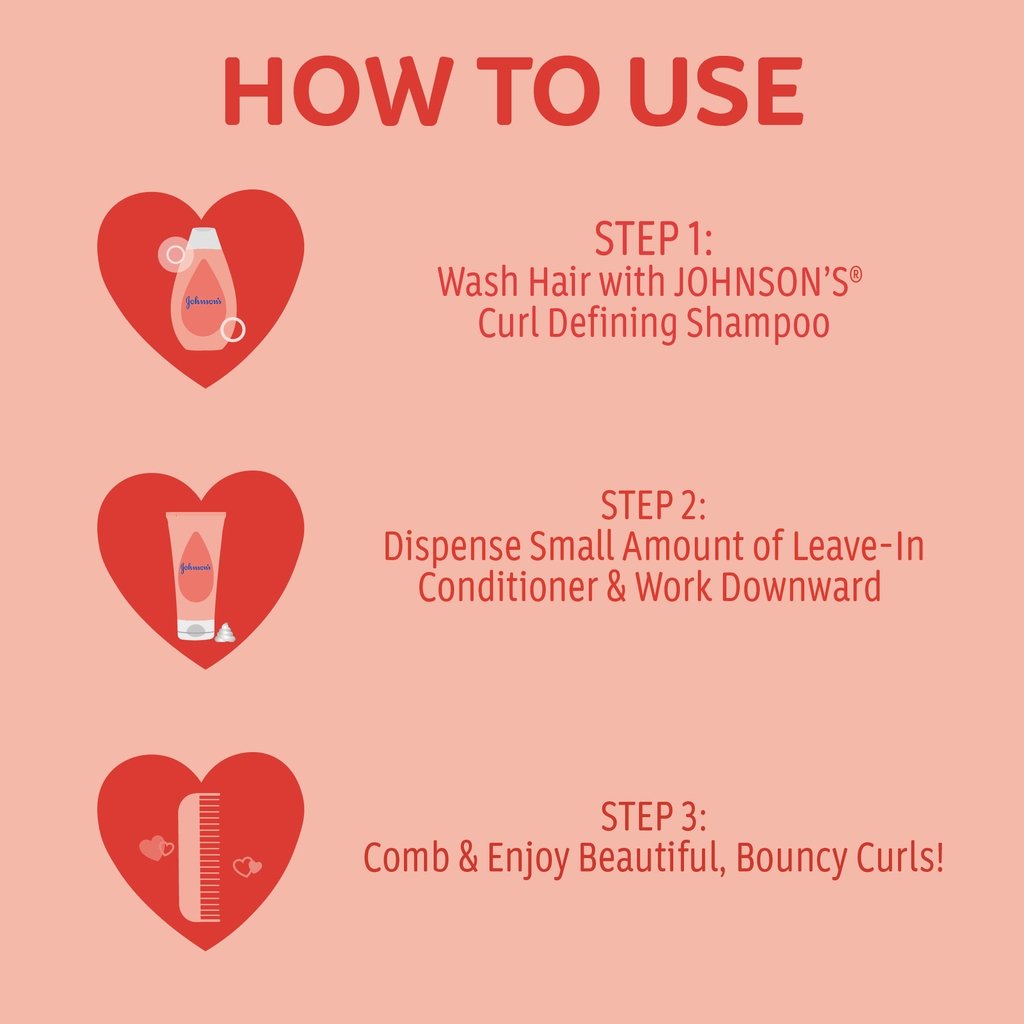 Instructions on how to use Johnson's Baby Curl Defining Shampoo: Step 1 - Wash hair with shampoo, Step 2 - Dispense leave-in conditioner and work downward, Step 3 - Comb and enjoy beautiful, bouncy curls.