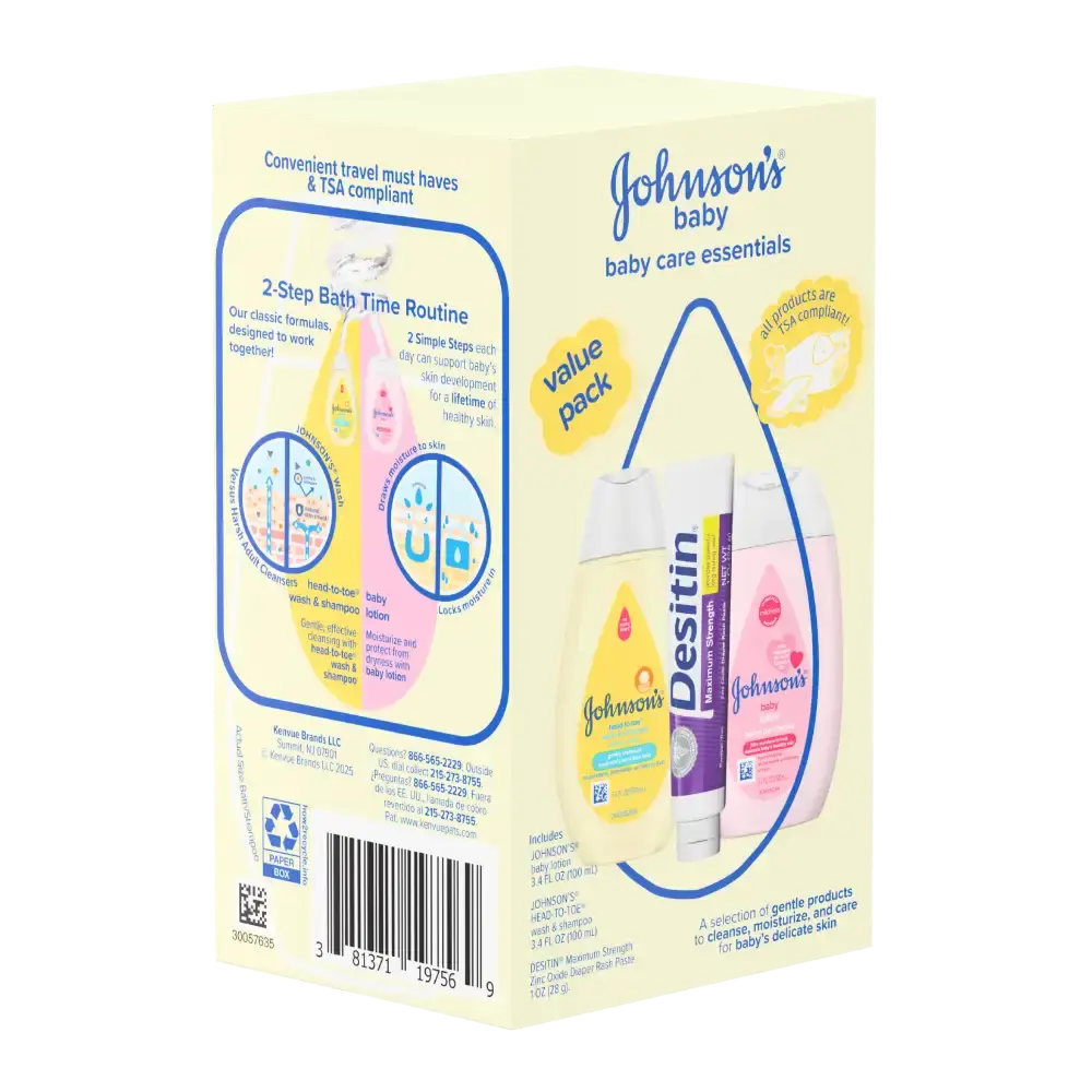Johnson's Baby care essentials travel pack showcasing TSA-compliant products for baby's bath time routine.
