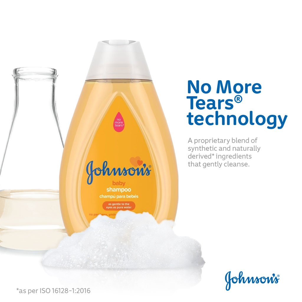 Johnson's baby shampoo bottle with No More Tears technology, featuring a beaker with liquid and foam, alongside text explaining the gentle cleansing with a blend of synthetic and naturally derived ingredients.