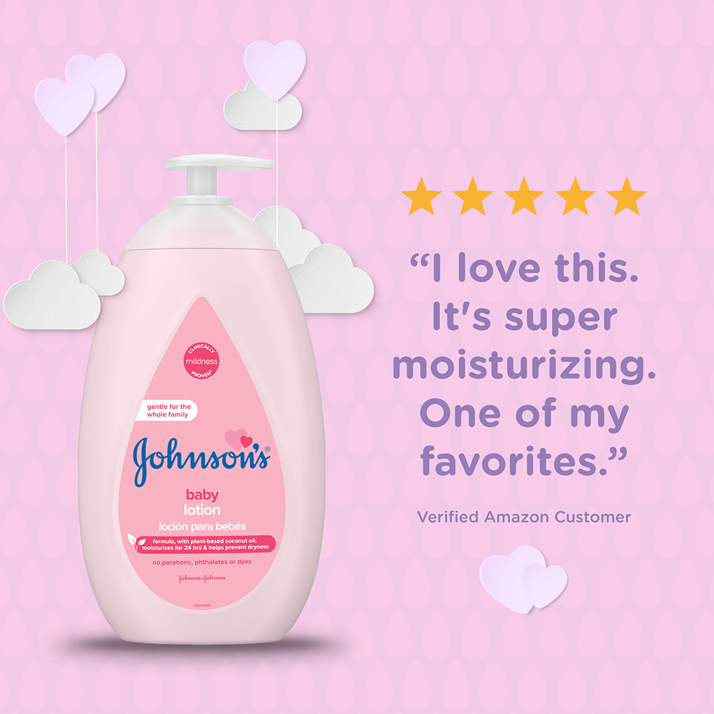 Pink bottle of Johnson's baby lotion with a pump, 27.1 fl oz (800 ml), with a 5-star rating and the customer review 'I love this. It's super moisturizing. One of my favorites.