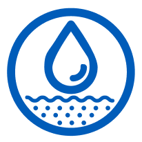 Icon showing water droplet above a layer of dots, representing moisture absorption.