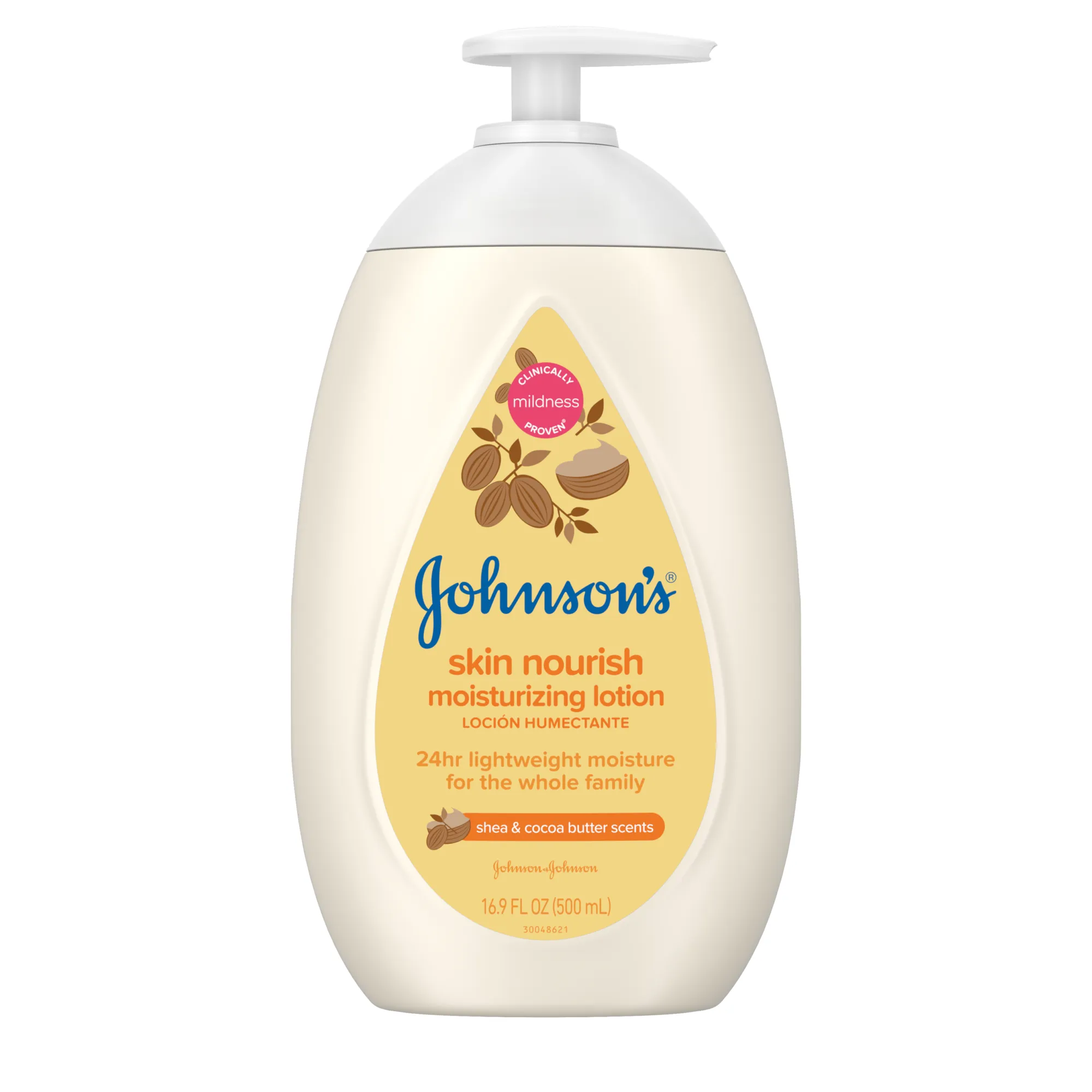 Loción humectante Johnson's Baby Skin Nourish, frasco de 16.9 fl oz, con aromas de karité y manteca de cacao, etiqueta que indica humectación suave de 24 horas para toda la familia.