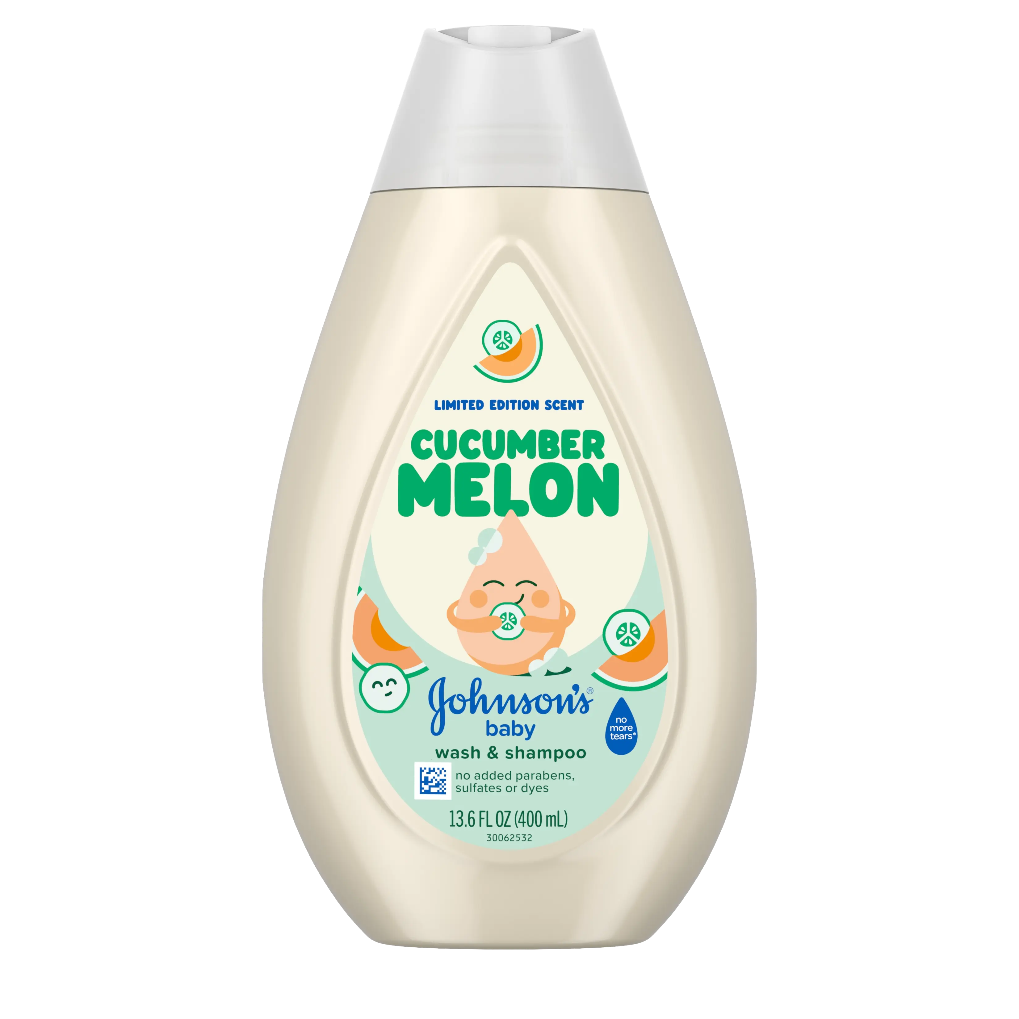 Front Pack Shot of JOHNSON’S® Baby Wash & Shampoo, Cucumber Melon Scent, 13.6oz