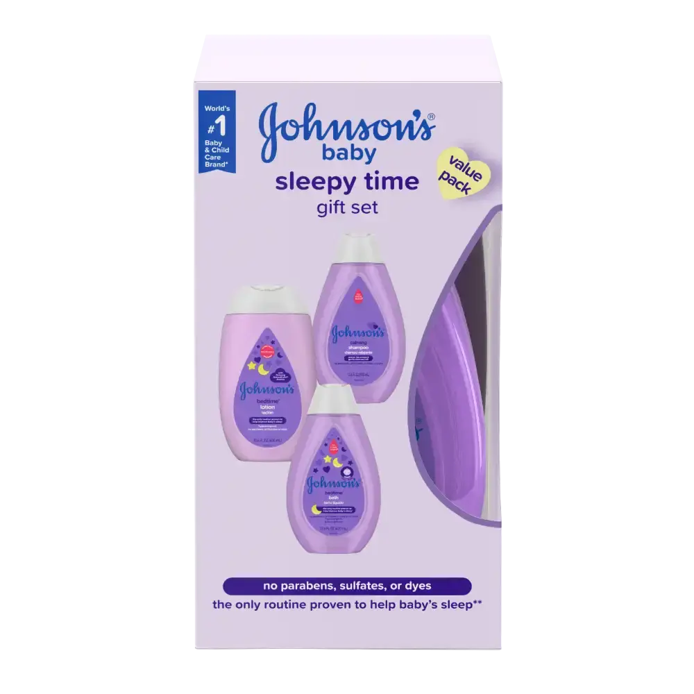 Johnson's baby sleepy time gift set (new look): A 3-step routine (bath, lotion, shampoo) in a convenient caddy. Clinically proven to help baby sleep and formulated without parabens, sulfates, or dyes.