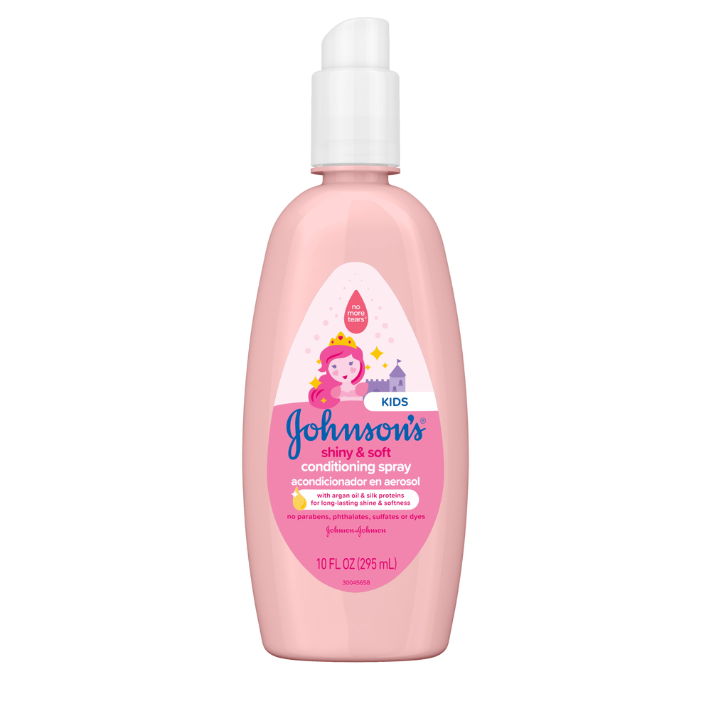 Johnsons Kids shiny and soft conditioning spray, 10 FL OZ (295 mL), with argan oil and silk proteins. No parabens, phthalates, sulfates or dyes.