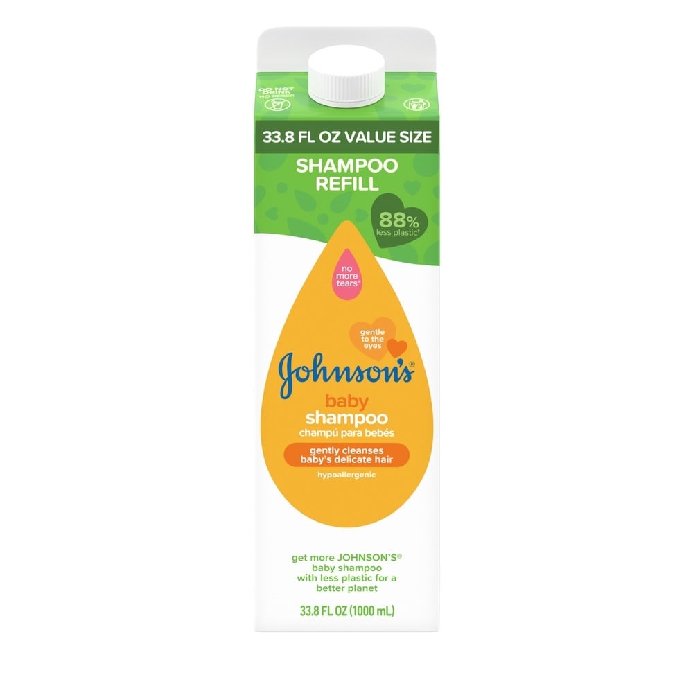 A white and green 33.8 FL OZ carton labeled "SHAMPOO REFILL" contains Johnson's baby shampoo. Text includes "88% less plastic," "no more tears," "gently cleanses baby's delicate hair," and "1000 mL."