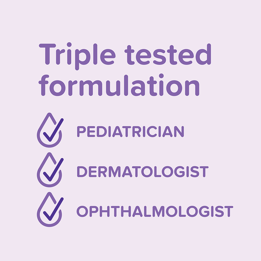 Purple graphic showing Johnson's products have a triple tested formulation by pediatrician, dermatologist, and ophthalmologist.