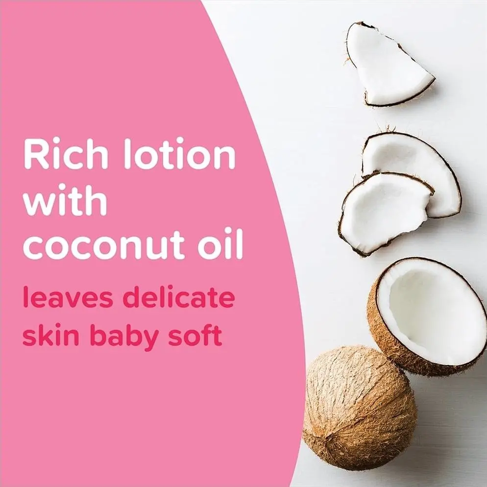 Coconut halves and text 'Rich lotion with coconut oil leaves delicate skin baby soft' on pink and white background.