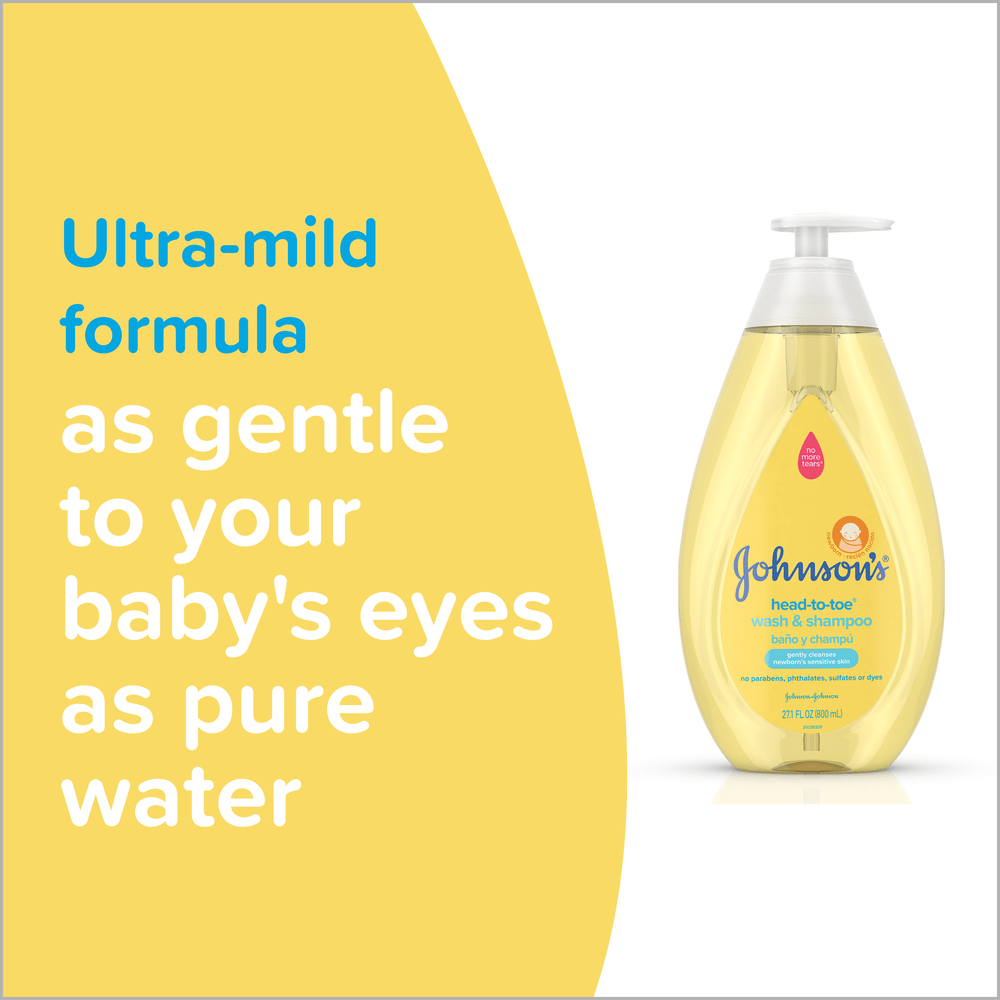 Johnson's Baby head-to-toe wash and shampoo bottle beside text 'Ultra-mild formula as gentle to your baby’s eyes as pure water' on yellow background.