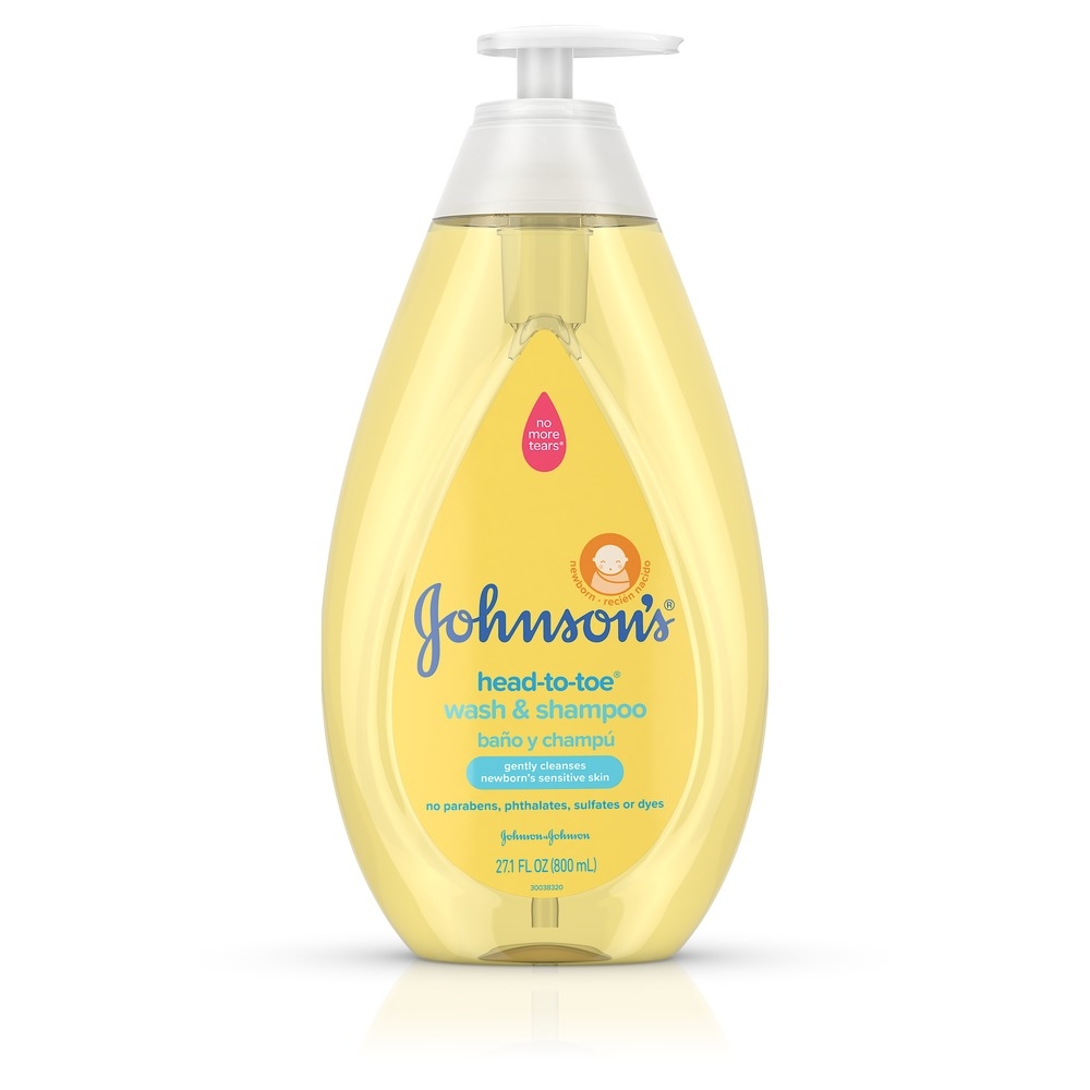 Johnson's head-to-toe wash & shampoo bottle, yellow with a pump dispenser, 27.1 fl oz (800 ml), suitable for newborns, labeled as free from parabens, phthalates, sulfates, or dyes.