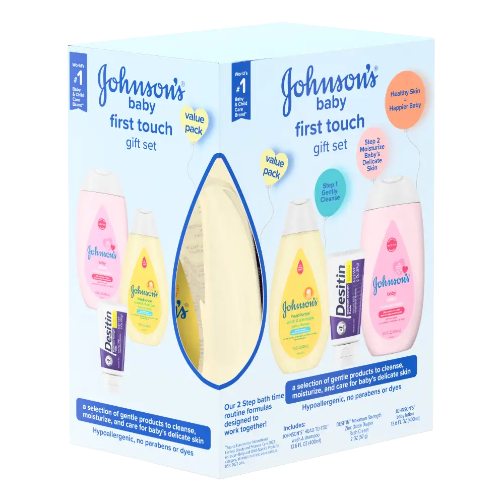 Behold the Johnson's baby first touch gift set, all dressed up in its new look. Inside, you'll find Johnson's head-to-toe wash & shampoo, Johnson's baby lotion, and Desitin Maximum Strength Zinc Oxide Diaper Rash Cream, all arranged in a reusable caddy