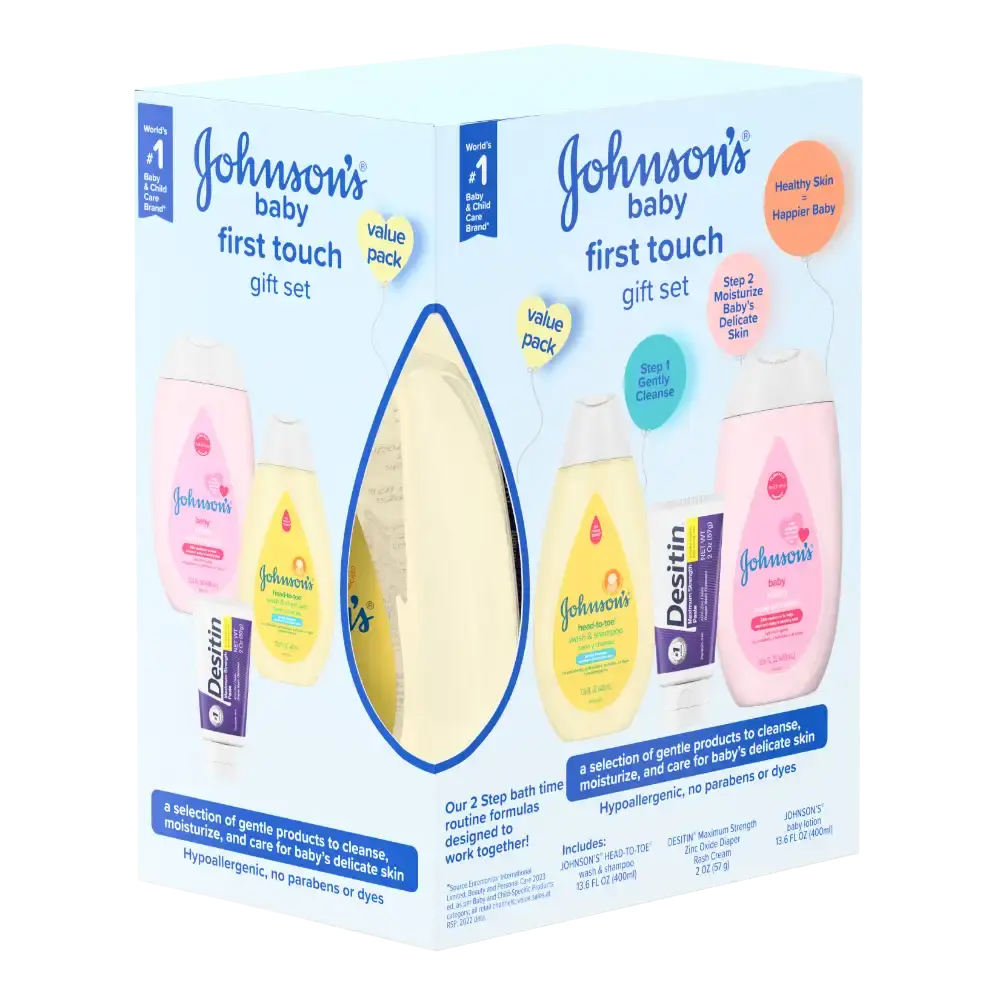 Behold the Johnson's baby first touch gift set, all dressed up in its new look. Inside, you'll find Johnson's head-to-toe wash & shampoo, Johnson's baby lotion, and Desitin Maximum Strength Zinc Oxide Diaper Rash Cream, all arranged in a reusable caddy