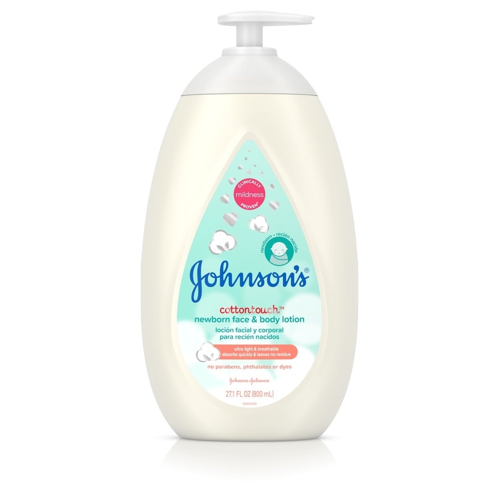 Johnson's CottonTouch newborn face and body lotion in a white pump bottle, 27.1 FL OZ (800mL), highlighting its mildness and absence of parabens, phthalates, or dyes.