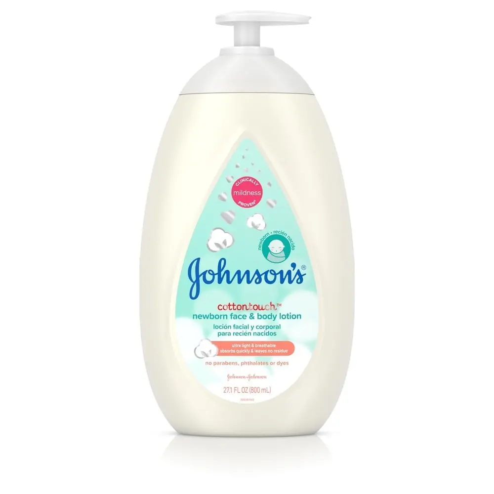 Johnson's CottonTouch newborn face and body lotion in a white pump bottle, 27.1 FL OZ (800mL), highlighting its mildness and absence of parabens, phthalates, or dyes.