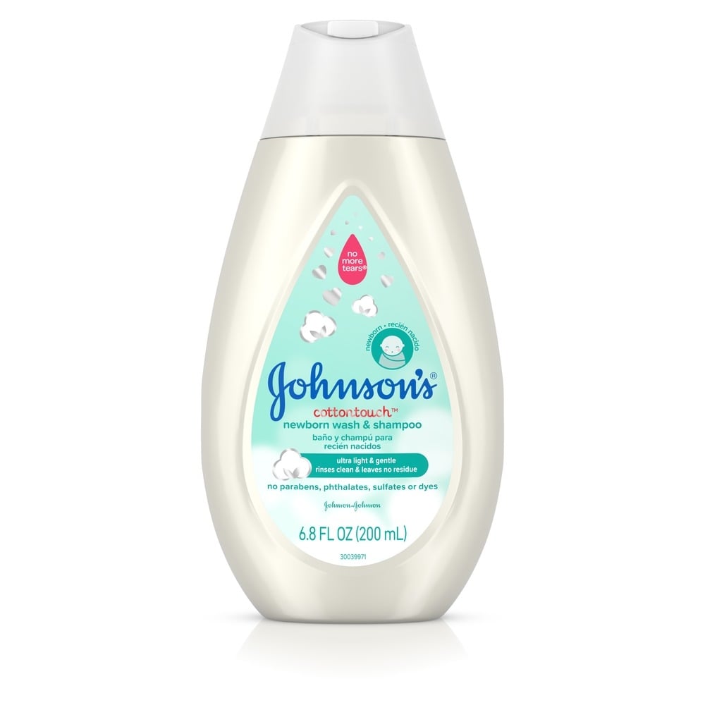 Johnson's CottonTouch newborn wash and shampoo bottle, 6.8 fl oz, with no parabens, phthalates, sulfates, or dyes.