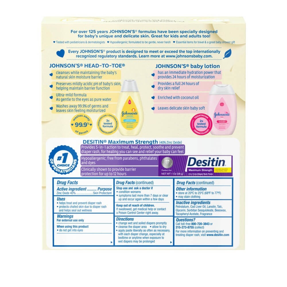 Back of Johnson's Baby Care Essentials value pack highlighting product benefits, ingredients, and drug facts for Desitin Maximum Strength diaper rash paste and Johnson's baby lotion and body wash.