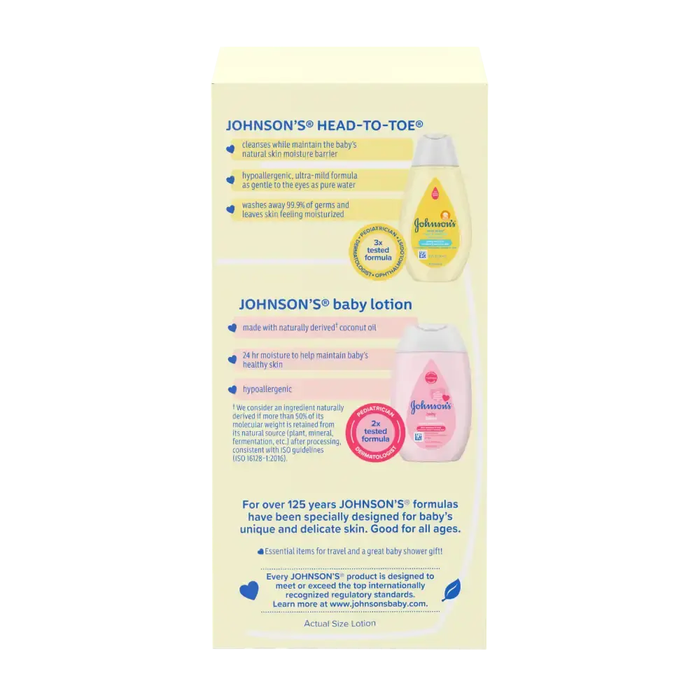 Details on Johnson's Head-to-Toe wash and baby lotion, highlighting their gentle formulas for baby's skin care.
