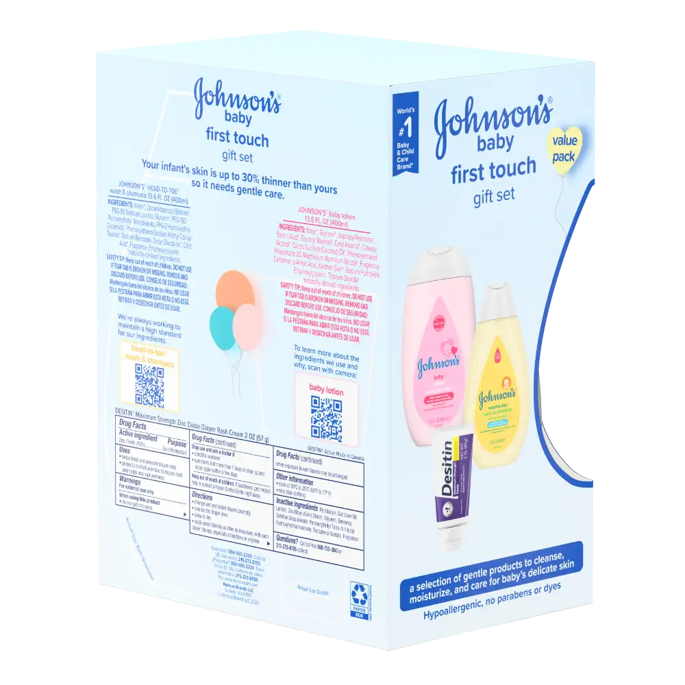 Johnson's Baby First Touch Gift Set packaging displaying Baby Lotion and Destin Diaper Rash Cream, designed for gentle baby skin care.