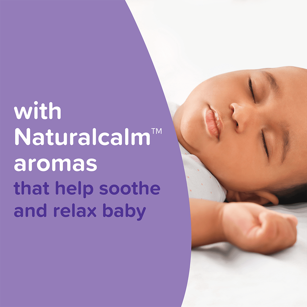 Sleeping baby with text promoting Naturalcalm aromas that help soothe and relax baby.