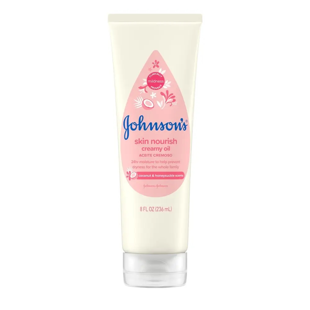 Creamy oil bottle: Johnson’s Skin Nourish Creamy Oil in an 8 fl oz (236 mL) tube with a pink label. Text includes, "Coconut & Honeysuckle Scents," "24hr moisture," "Clinically Mildness Proven," and "Johnson & Johnson."