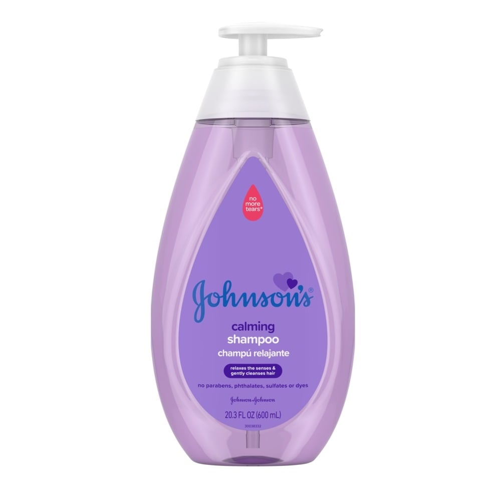 Johnson's Calming baby shampoo bottle with 20.3 FL OZ (600 mL) capacity, labeled 'No More Tears' and stating it contains no parabens, phthalates, sulfates, or dyes.